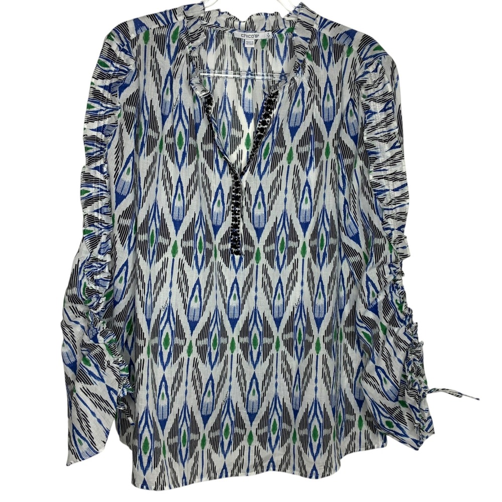 Chicos Womens 3 Xl  Ikat Ruffle Sleeve Beaded Split Neck Blouse Blue Green White